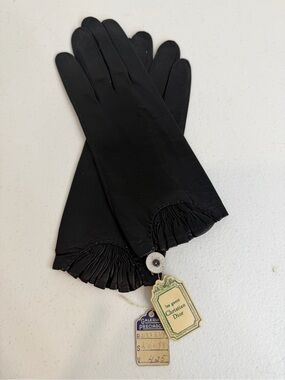 Vintage Christian Dior Black Ruched Cuff Leather Gloves Size 7½